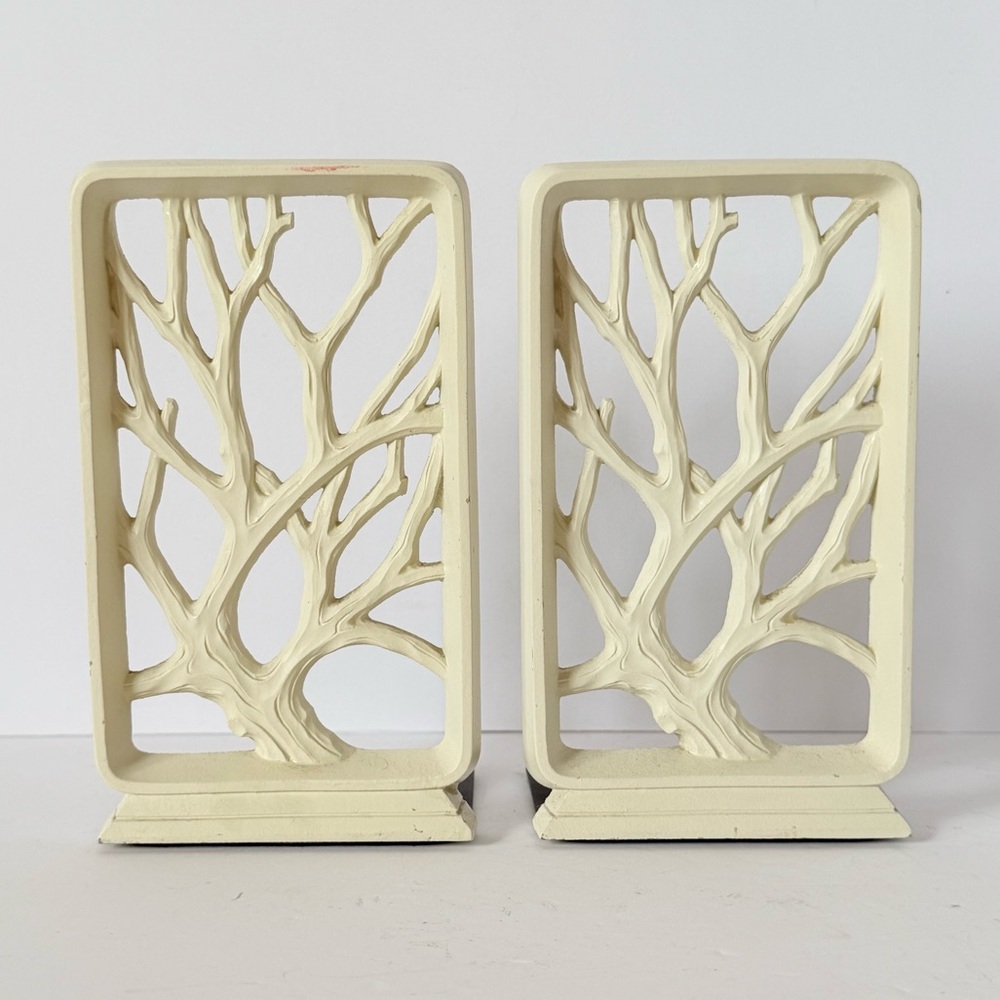 Stunning Vintage Mid-Century Syroco Tree Bookends Pair Cream Color Tree of Life